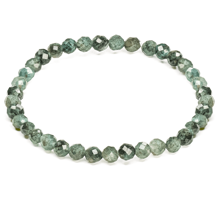 Faceted green kyanite stretch bracelet with translucent moss-green round beads on white