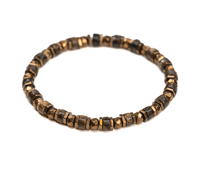 Tawny bronze biotite mica and titanium hematite stretch bracelet on white