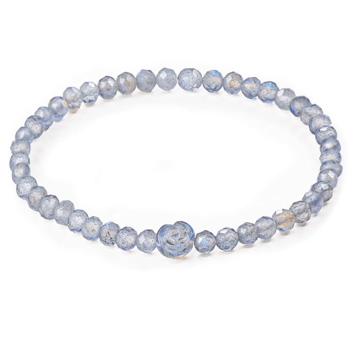 Silver Sage faceted labradorite flower stretch bracelet on white