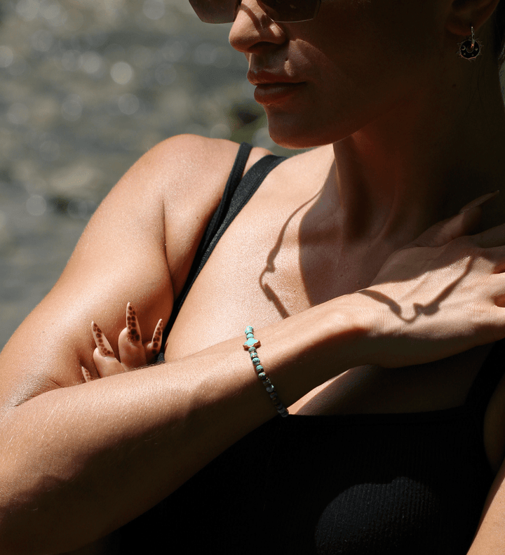 Patina Clove turquoise bracelet worn on a model&
