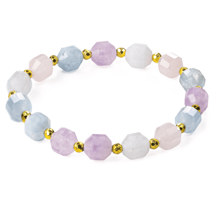 True Spring aquamarine and rose quartz bracelet with pastel faceted beads and gold-tone spacers on white